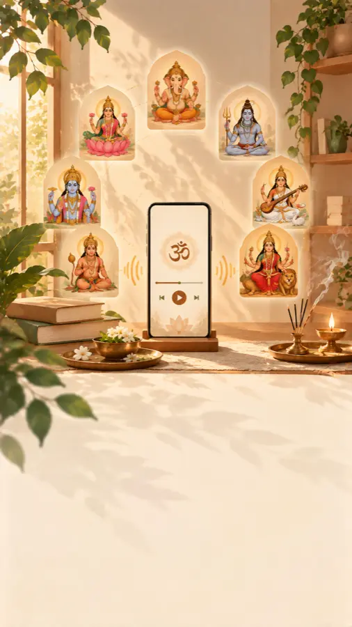 Deity illustrations and a phone playing a mantra beside a diya