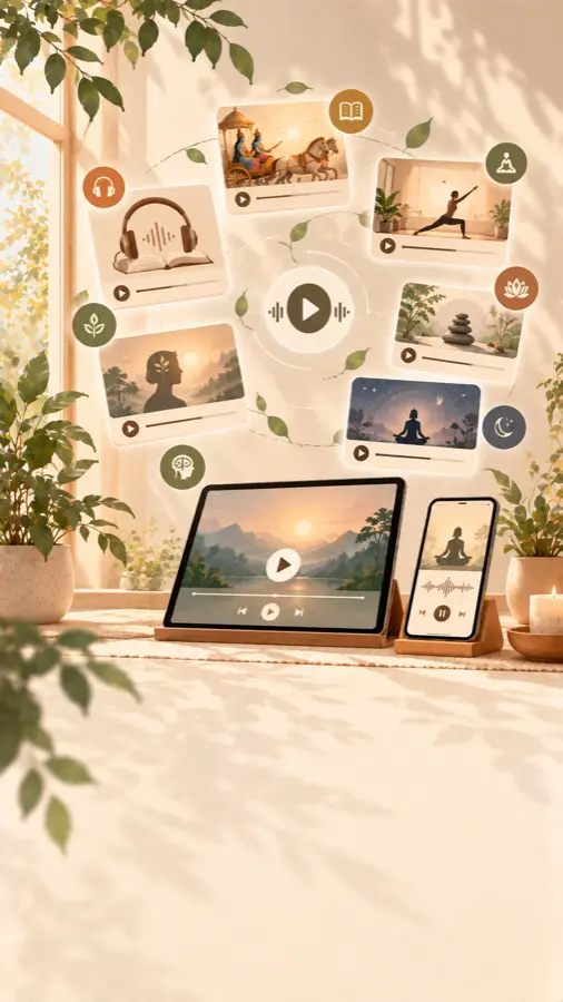 Articles, videos and audio cards floating above a tablet and phone