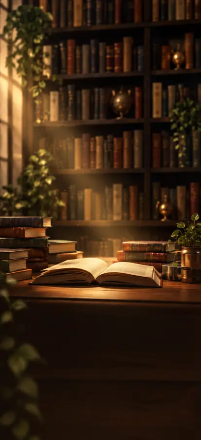 An open scripture on a desk in a warm, book-lined study